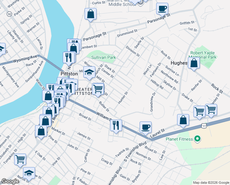 map of restaurants, bars, coffee shops, grocery stores, and more near 181 Mill St in Pittston