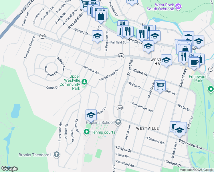 map of restaurants, bars, coffee shops, grocery stores, and more near 75 Laurel Road in New Haven