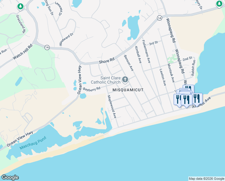 map of restaurants, bars, coffee shops, grocery stores, and more near 35 Maplewood Avenue in Westerly