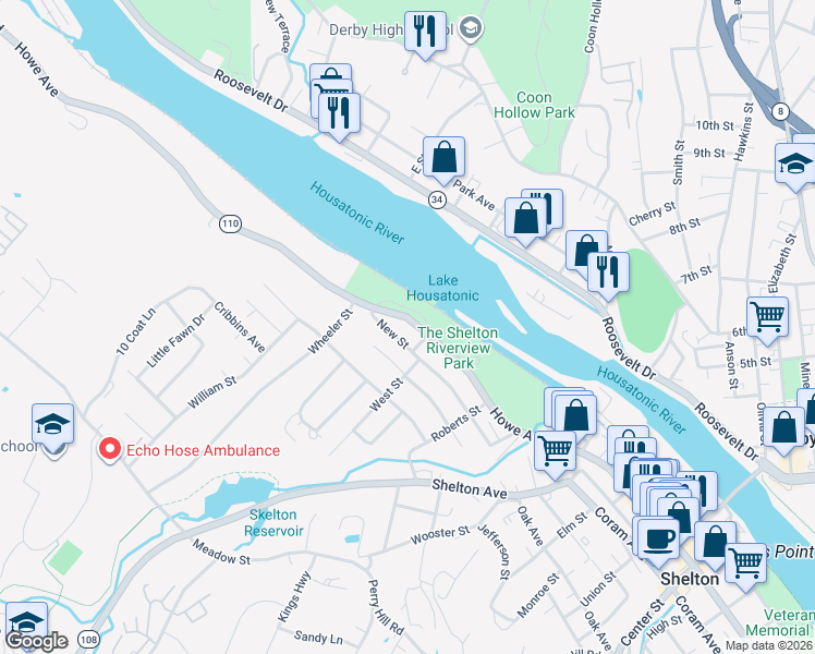 map of restaurants, bars, coffee shops, grocery stores, and more near 115 New Street in Shelton