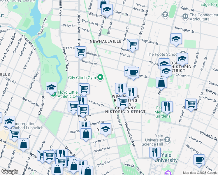 map of restaurants, bars, coffee shops, grocery stores, and more near Farmington Canal Heritage Trail in New Haven