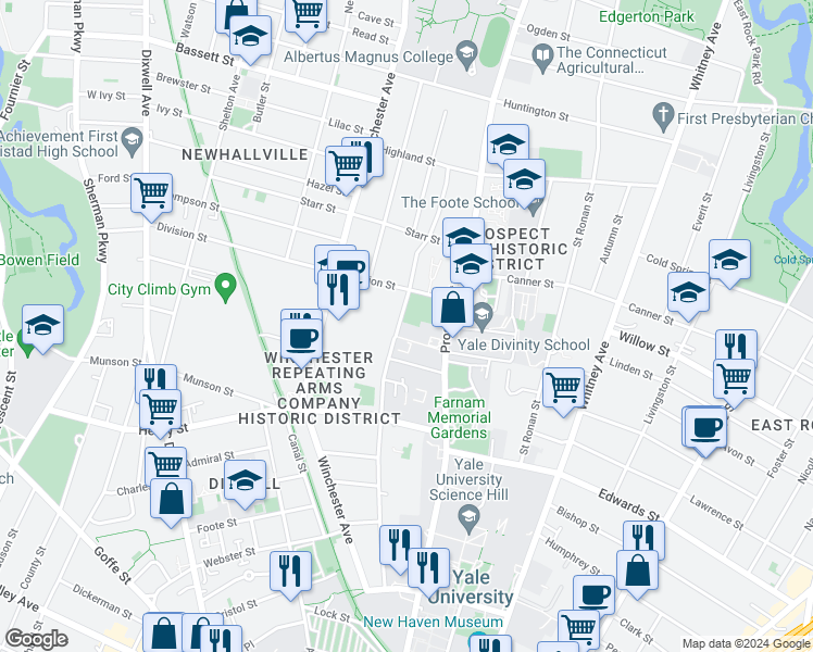 map of restaurants, bars, coffee shops, grocery stores, and more near 325 Mansfield Street in New Haven