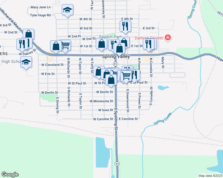 map of restaurants, bars, coffee shops, grocery stores, and more near 113 West Devlin Street in Spring Valley