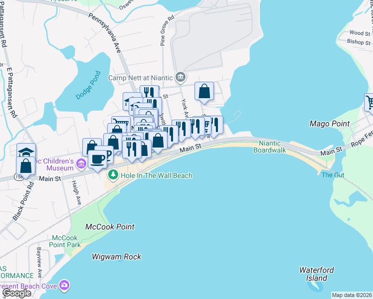 map of restaurants, bars, coffee shops, grocery stores, and more near 184 Main Street in East Lyme