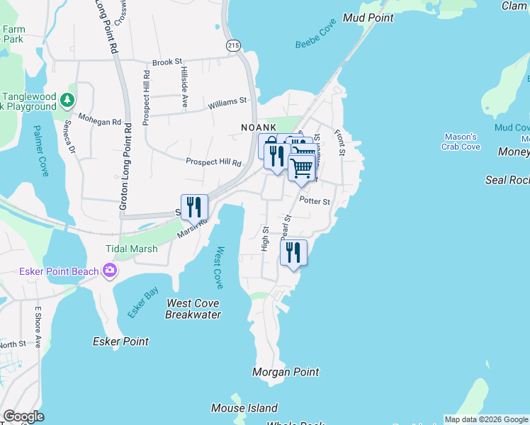 map of restaurants, bars, coffee shops, grocery stores, and more near 16 High Street in Groton