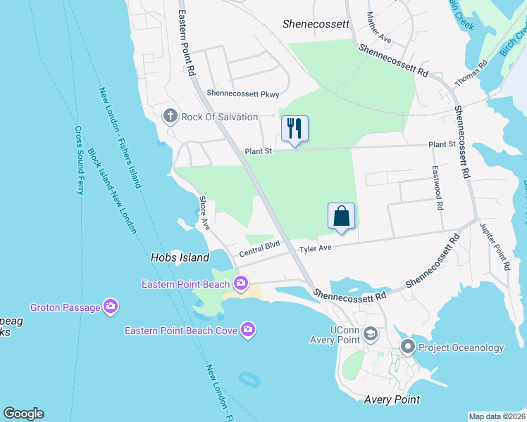 map of restaurants, bars, coffee shops, grocery stores, and more near 951 Eastern Point Road in Groton