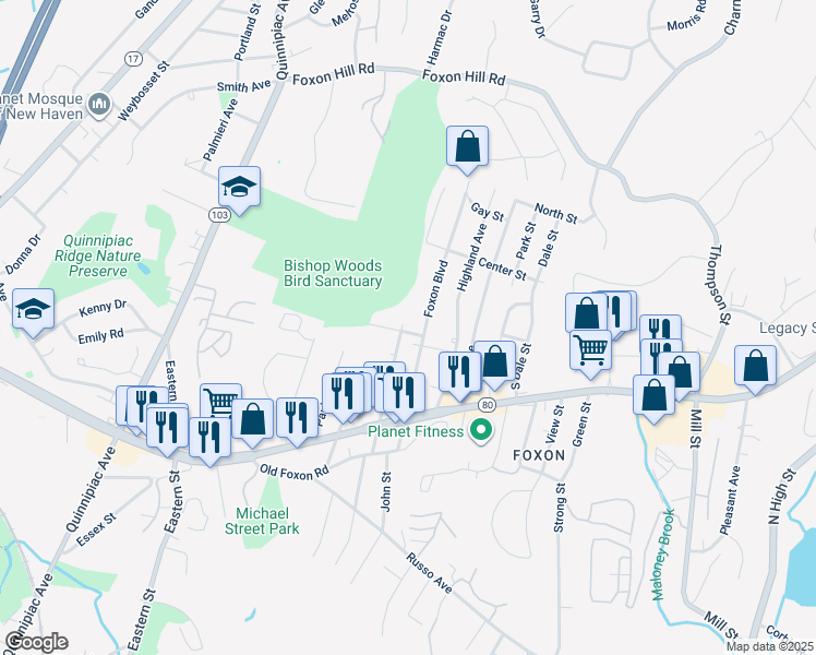 map of restaurants, bars, coffee shops, grocery stores, and more near 90 Foxon Boulevard in East Haven