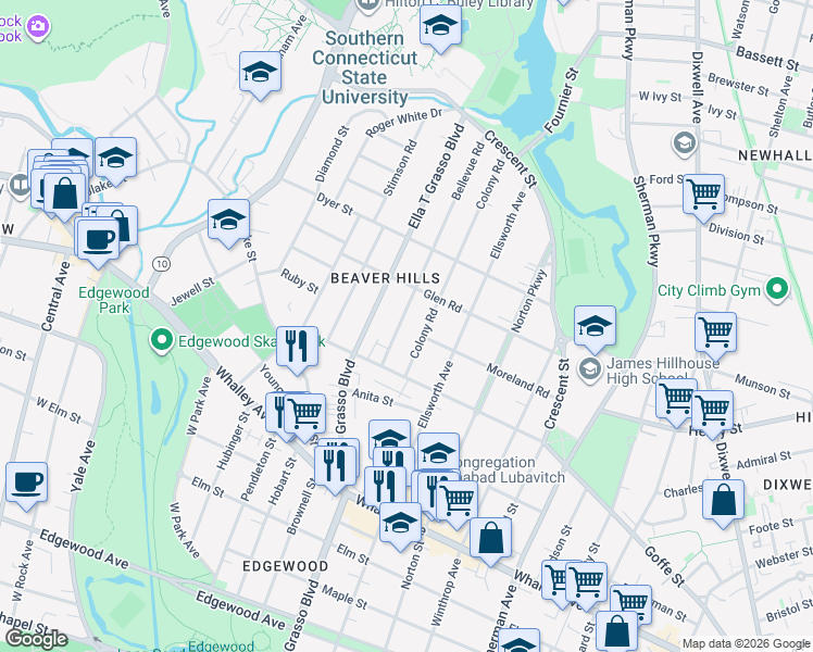 map of restaurants, bars, coffee shops, grocery stores, and more near 34 Colony Road in New Haven