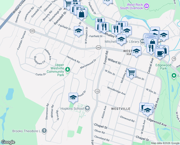 map of restaurants, bars, coffee shops, grocery stores, and more near 75 Laurel Road in New Haven