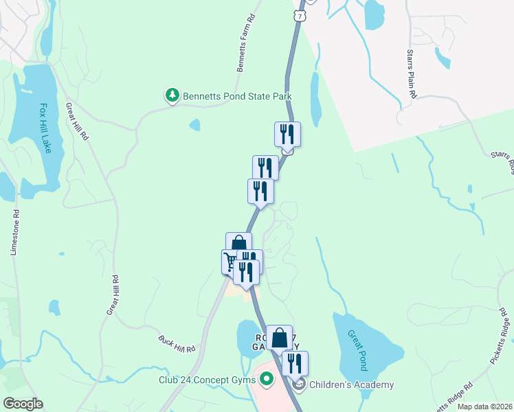 map of restaurants, bars, coffee shops, grocery stores, and more near 632 Danbury Road in Ridgefield