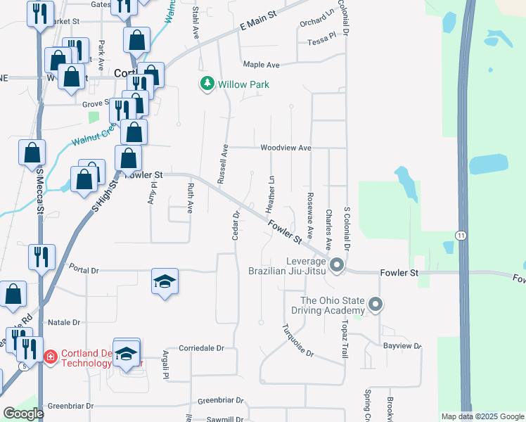 map of restaurants, bars, coffee shops, grocery stores, and more near 346 Fowler Street in Cortland