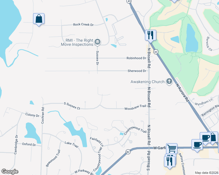 map of restaurants, bars, coffee shops, grocery stores, and more near 655 South Sussex Court in Aurora