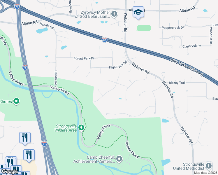 map of restaurants, bars, coffee shops, grocery stores, and more near 11612 Pleasant Ridge Place in Strongsville