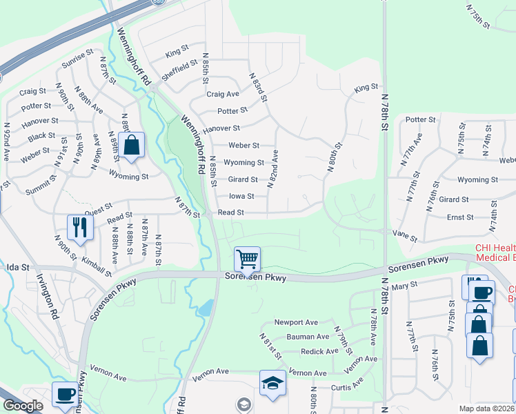 map of restaurants, bars, coffee shops, grocery stores, and more near 8307 Read Street in Omaha