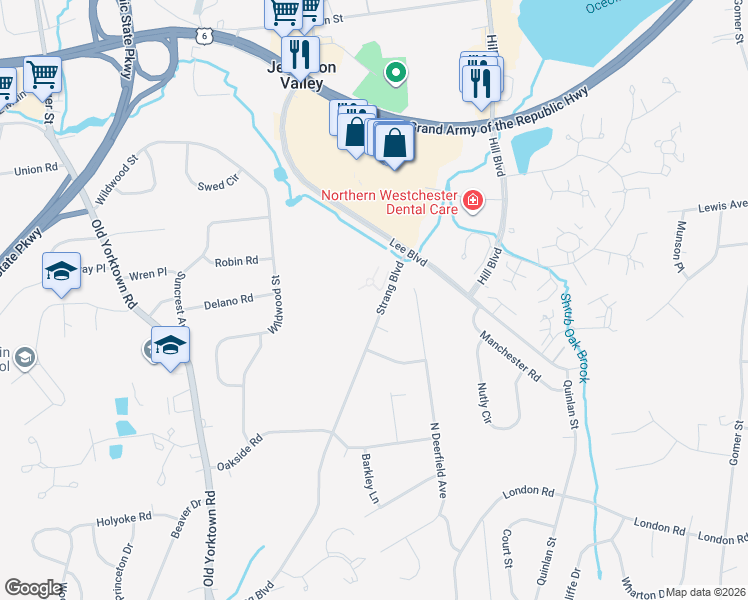 map of restaurants, bars, coffee shops, grocery stores, and more near 3571 Strang Boulevard in Yorktown Heights