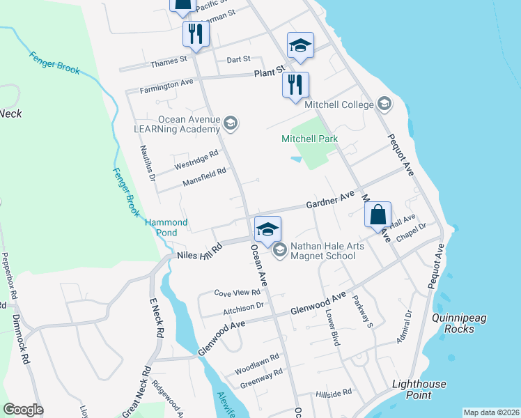 map of restaurants, bars, coffee shops, grocery stores, and more near 207 Gardner Avenue in New London