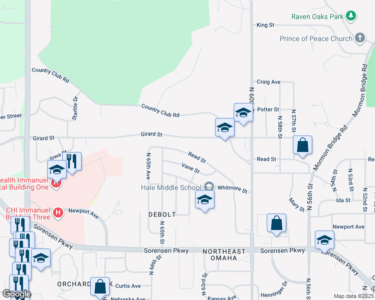 map of restaurants, bars, coffee shops, grocery stores, and more near 6336 Read Street in Omaha
