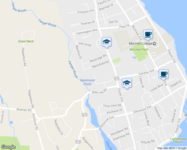 map of restaurants, bars, coffee shops, grocery stores, and more near Georgetown Road in New London
