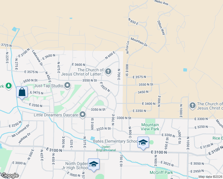map of restaurants, bars, coffee shops, grocery stores, and more near 674 East 3525 North in Ogden