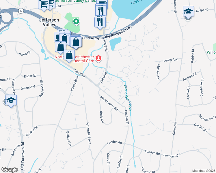 map of restaurants, bars, coffee shops, grocery stores, and more near 17 Hastings Court in Yorktown Heights
