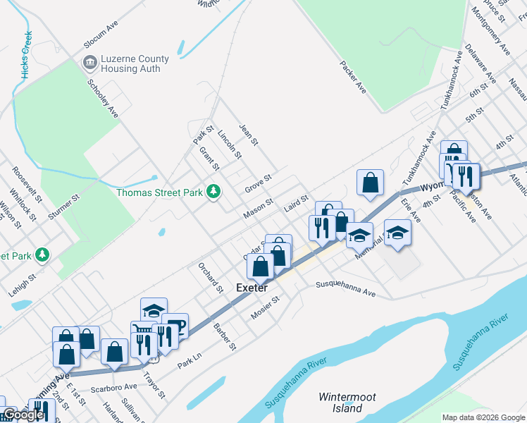 map of restaurants, bars, coffee shops, grocery stores, and more near 165 Grant Street in Exeter