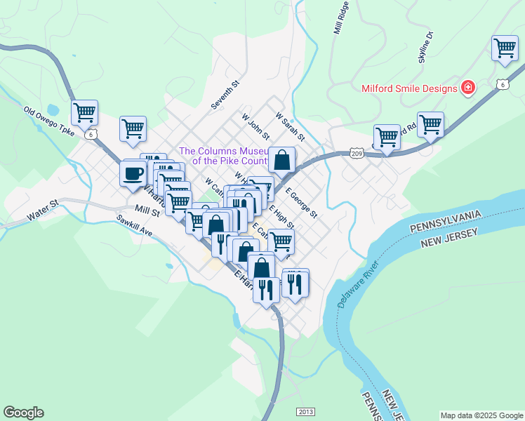 map of restaurants, bars, coffee shops, grocery stores, and more near 411 Broad Street in Milford