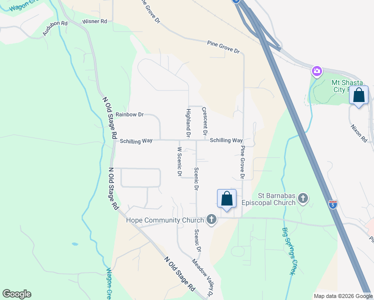 map of restaurants, bars, coffee shops, grocery stores, and more near 1324 West Scenic Drive in Mount Shasta