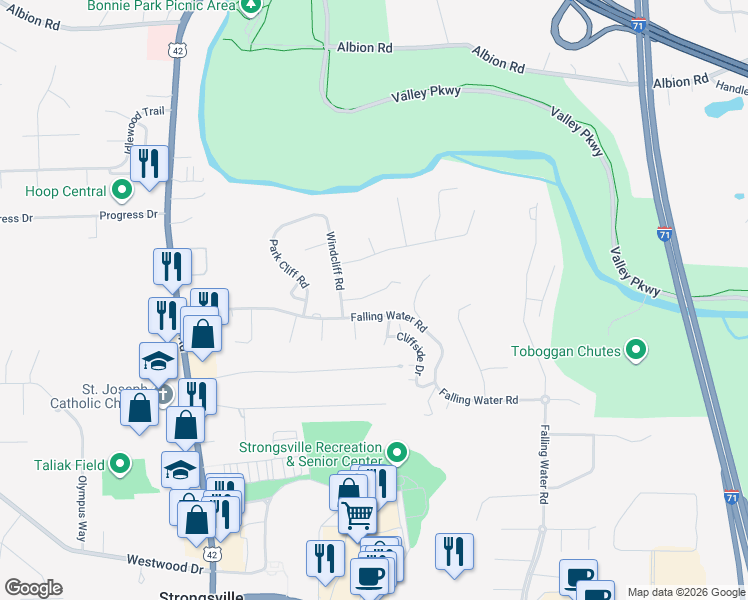 map of restaurants, bars, coffee shops, grocery stores, and more near 18183 Trailside Place in Strongsville