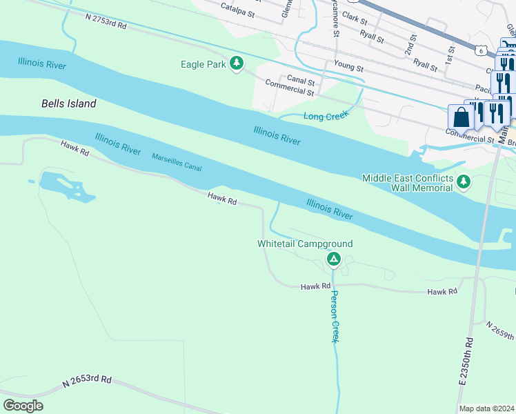 map of restaurants, bars, coffee shops, grocery stores, and more near Hawk Road in Marseilles