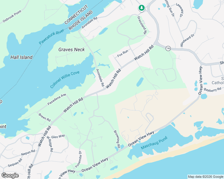 map of restaurants, bars, coffee shops, grocery stores, and more near 162 Watch Hill Road in Westerly