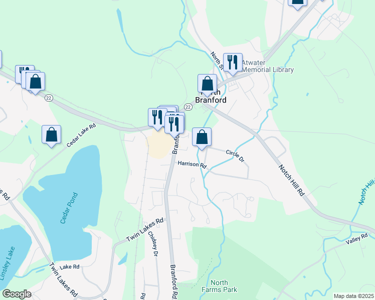 map of restaurants, bars, coffee shops, grocery stores, and more near 10 Harrison Road in North Branford