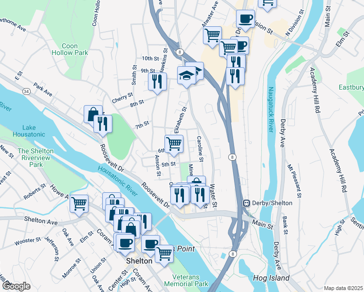 map of restaurants, bars, coffee shops, grocery stores, and more near 166 Minerva Street in Derby