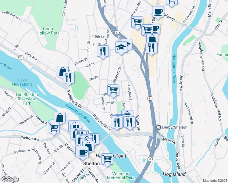 map of restaurants, bars, coffee shops, grocery stores, and more near 151 Olivia Street in Derby