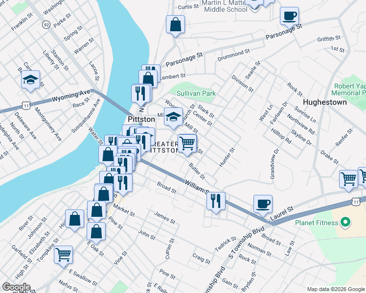 map of restaurants, bars, coffee shops, grocery stores, and more near 84 Butler Street in Pittston