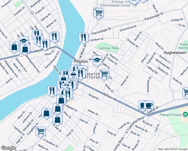 map of restaurants, bars, coffee shops, grocery stores, and more near 51 Church Street in Pittston