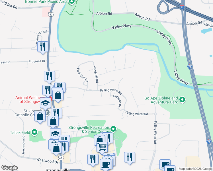 map of restaurants, bars, coffee shops, grocery stores, and more near 18183 Trailside Place in Strongsville