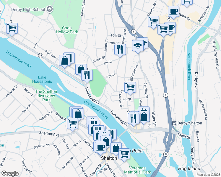 map of restaurants, bars, coffee shops, grocery stores, and more near 42 Oak Street in Derby