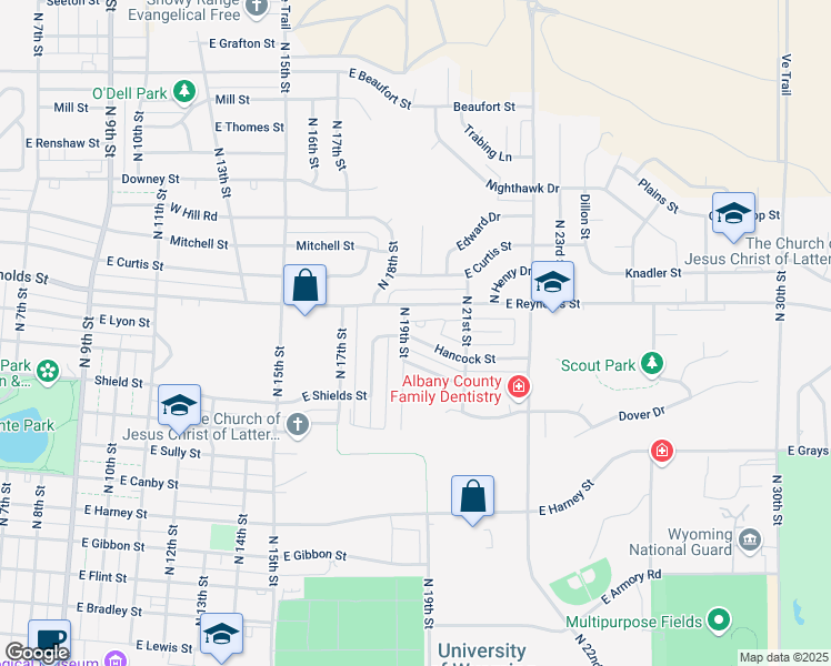 map of restaurants, bars, coffee shops, grocery stores, and more near 1911 Alsop Lane in Laramie