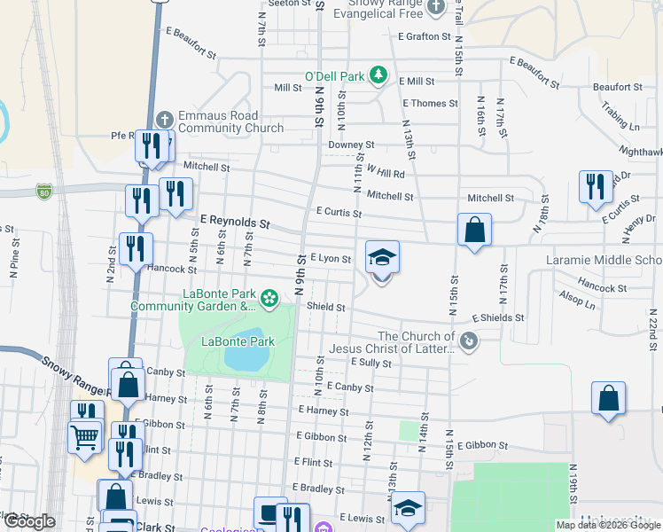 map of restaurants, bars, coffee shops, grocery stores, and more near 1268 North 10th Street in Laramie