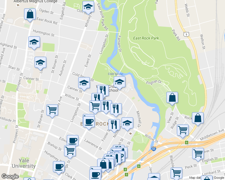 map of restaurants, bars, coffee shops, grocery stores, and more near 68 Anderson Street in New Haven