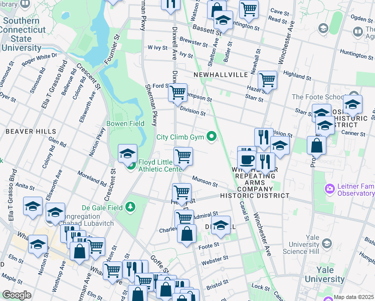 map of restaurants, bars, coffee shops, grocery stores, and more near 36 Shelton Avenue in New Haven