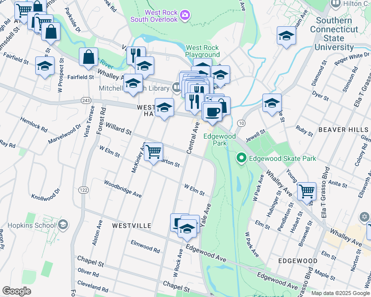 map of restaurants, bars, coffee shops, grocery stores, and more near 522 Central Avenue in New Haven