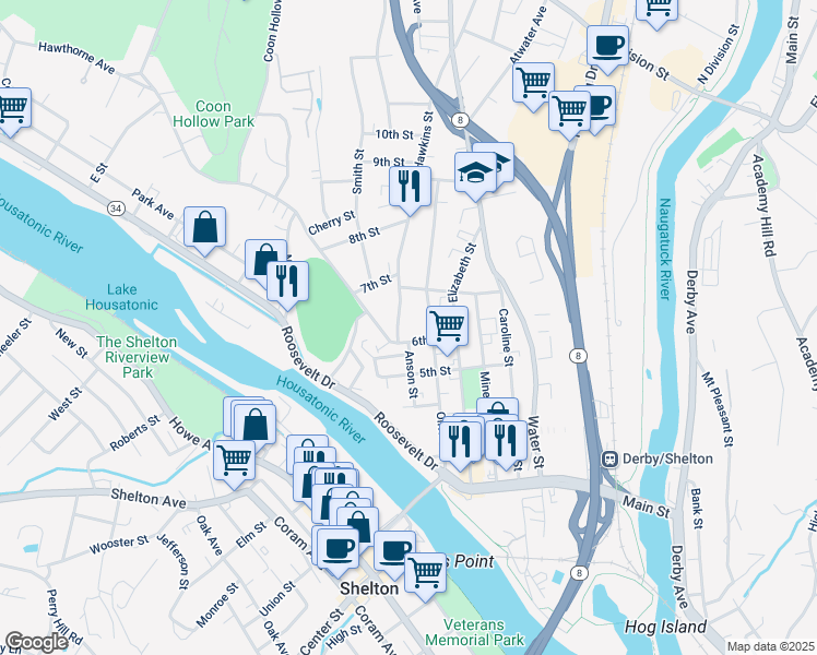 map of restaurants, bars, coffee shops, grocery stores, and more near 13 Lafayette Street in Derby