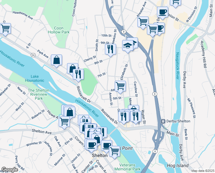 map of restaurants, bars, coffee shops, grocery stores, and more near 13 Lafayette Street in Derby