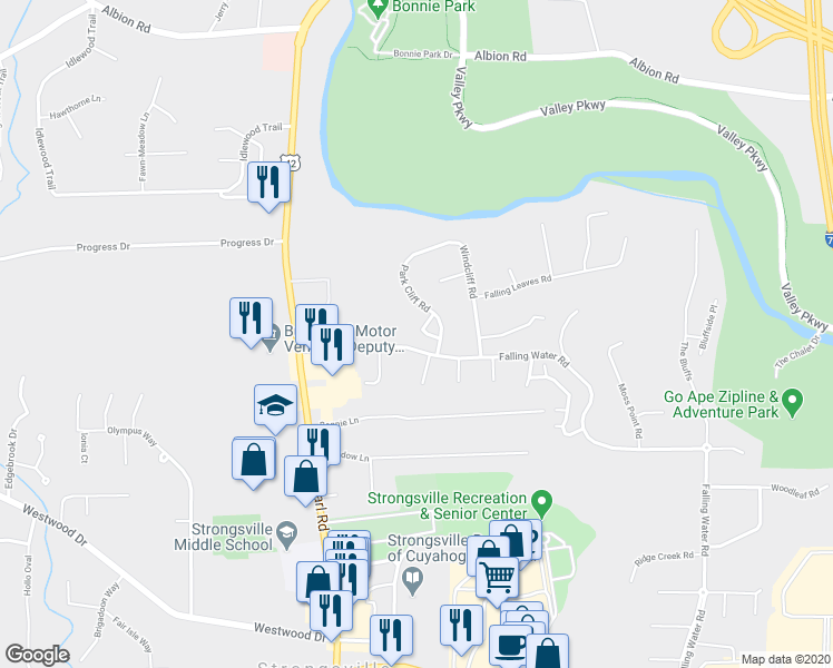 map of restaurants, bars, coffee shops, grocery stores, and more near 12306 Woodbriar Circle in Strongsville