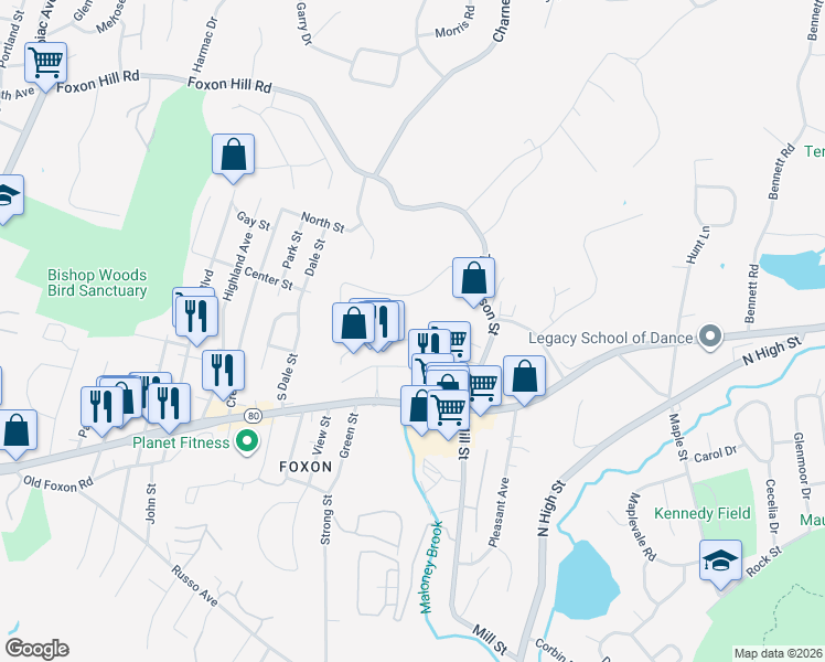 map of restaurants, bars, coffee shops, grocery stores, and more near 723 Foxon Road in East Haven
