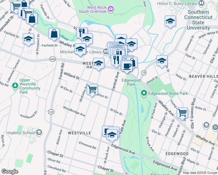 map of restaurants, bars, coffee shops, grocery stores, and more near 522 Central Avenue in New Haven
