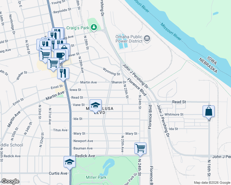 map of restaurants, bars, coffee shops, grocery stores, and more near 2539 Read Street in Omaha