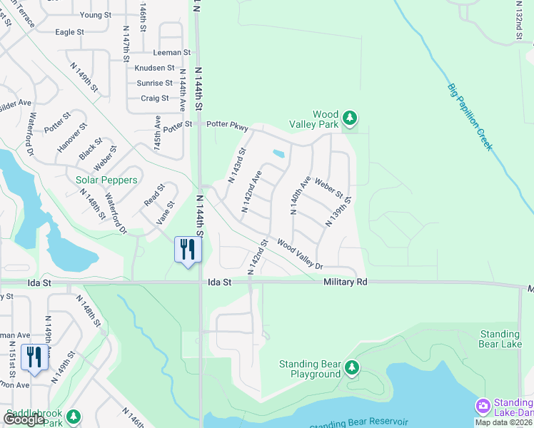map of restaurants, bars, coffee shops, grocery stores, and more near 14202 Wood Valley Drive in Omaha