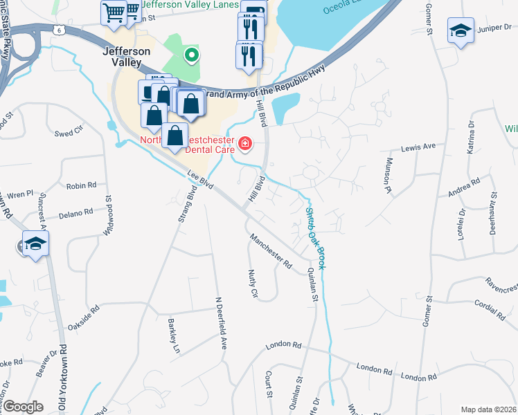 map of restaurants, bars, coffee shops, grocery stores, and more near 19E Hastings Court in Yorktown Heights